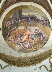 Scene, der viser, at de, der er født under Tyrens tegn i forbindelse med stjernebilledet Plejaderne, får en evne til at kæmpe, symboliseret ved en gladiatorkamp, fra C.